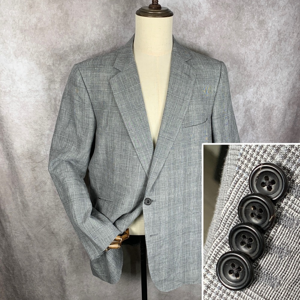 Turnbull Asser Linen Blazer Jacket Men 50R Gray Barrington Sport Coat Check